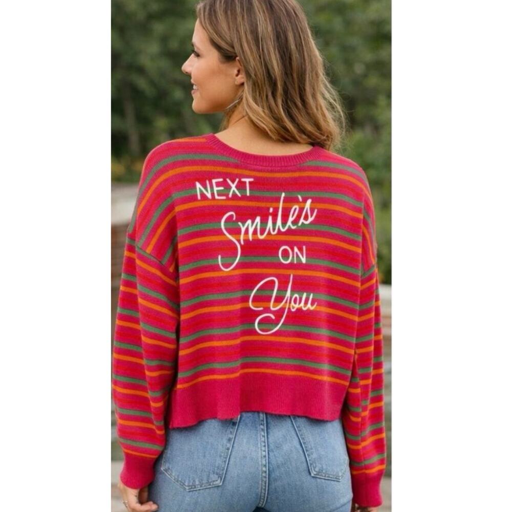 Anthro Kerri Rosenthal XOKR Striped Embroidered Next Smile’s On You Sweater Sz L